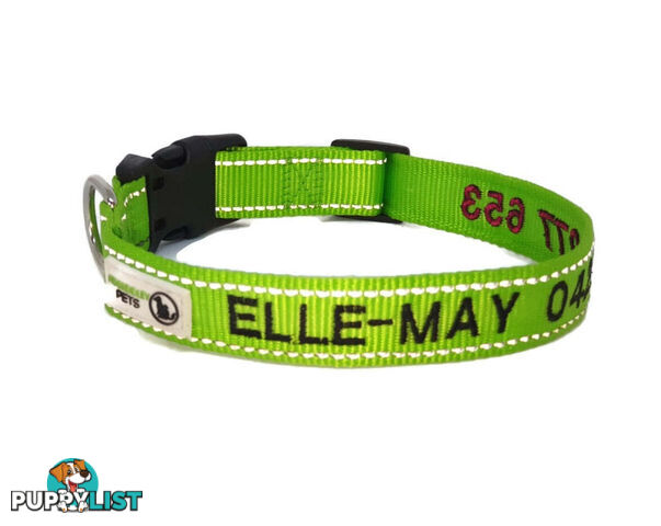Doggie ID Collar Nylon w/Reflective Stitching Embroidered Personalised Custom. - GC-DIC-031-XS-GRN