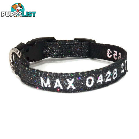 Doggie ID Collar - Bling Glitter Overlay Nylon Collar, Embroidered Personised Custom. - GC-DIC-BLING-L-TUR