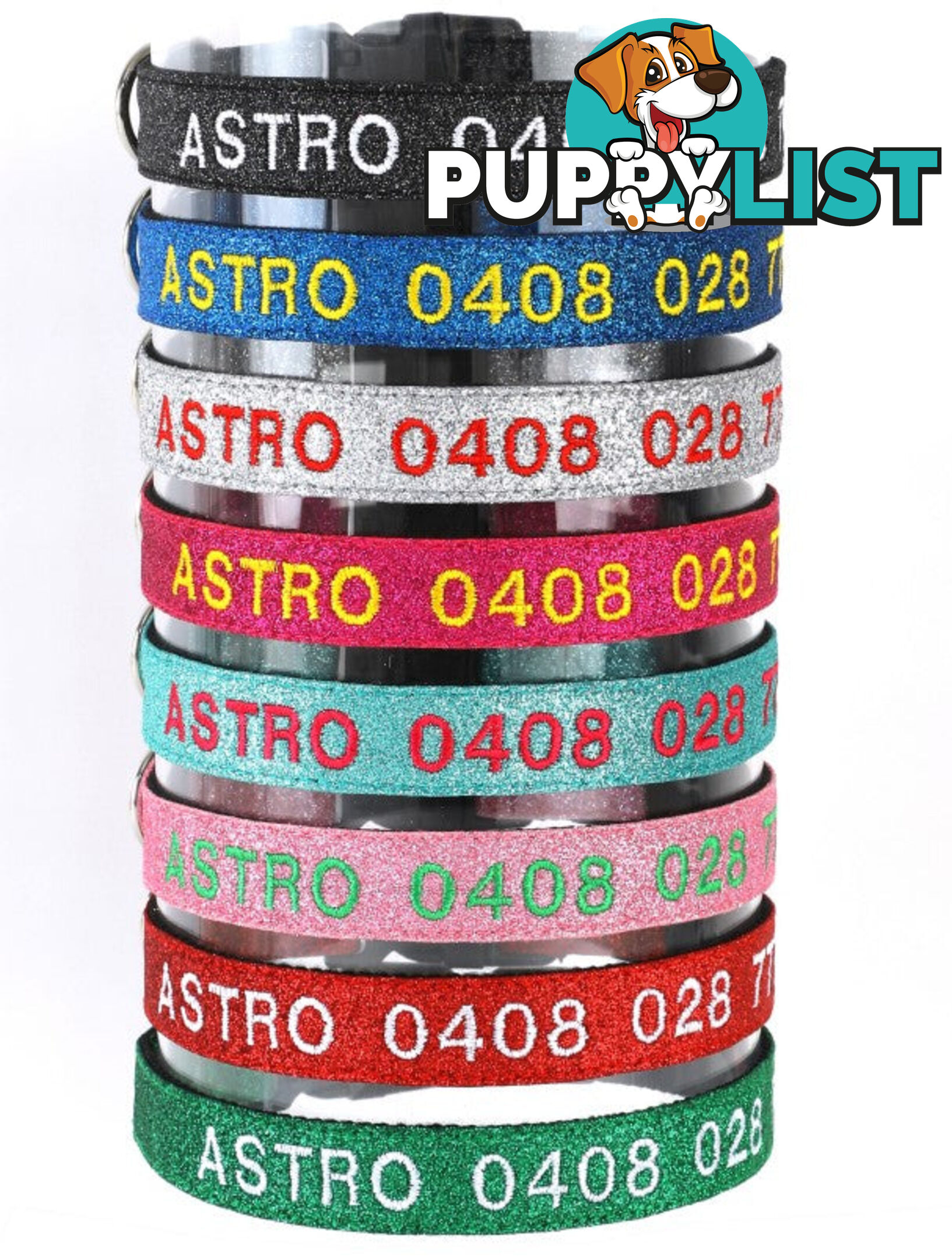 Doggie ID Collar - Bling Glitter Overlay Nylon Collar, Embroidered Personised Custom. - GC-DIC-BLING-L-TUR