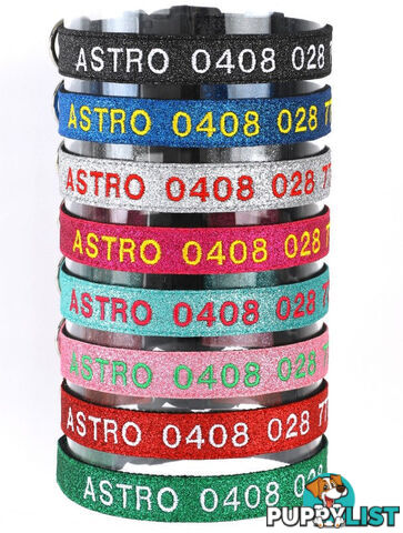 Doggie ID Collar - Bling Glitter Overlay Nylon Collar, Embroidered Personised Custom. - GC-DIC-BLING-L-TUR