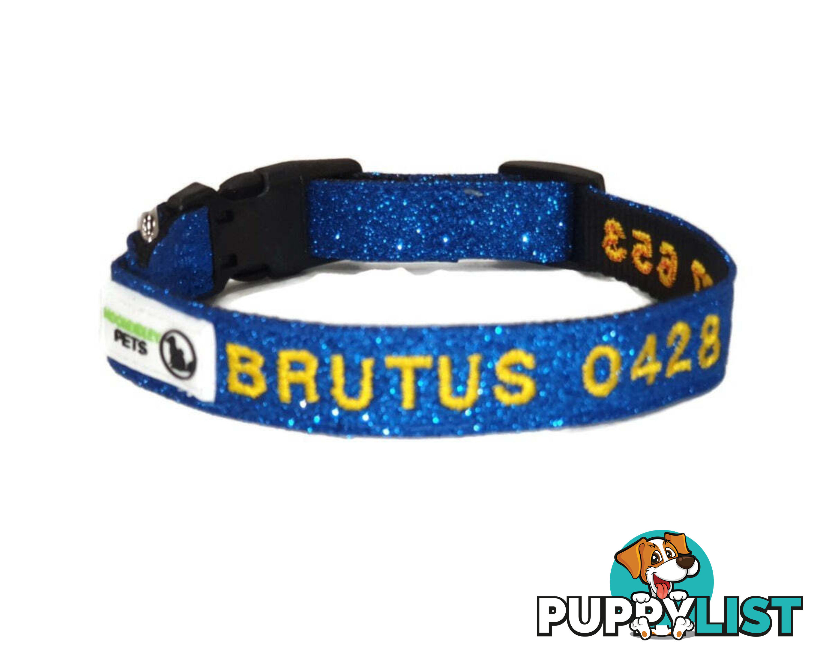 Doggie ID Collar - Bling Glitter Overlay Nylon Collar, Embroidered Personised Custom. - GC-DIC-BLING-L-TUR