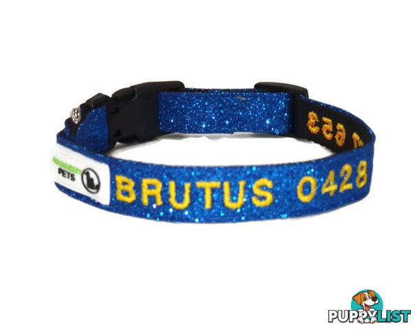 Doggie ID Collar - Bling Glitter Overlay Nylon Collar, Embroidered Personised Custom. - GC-DIC-BLING-L-TUR