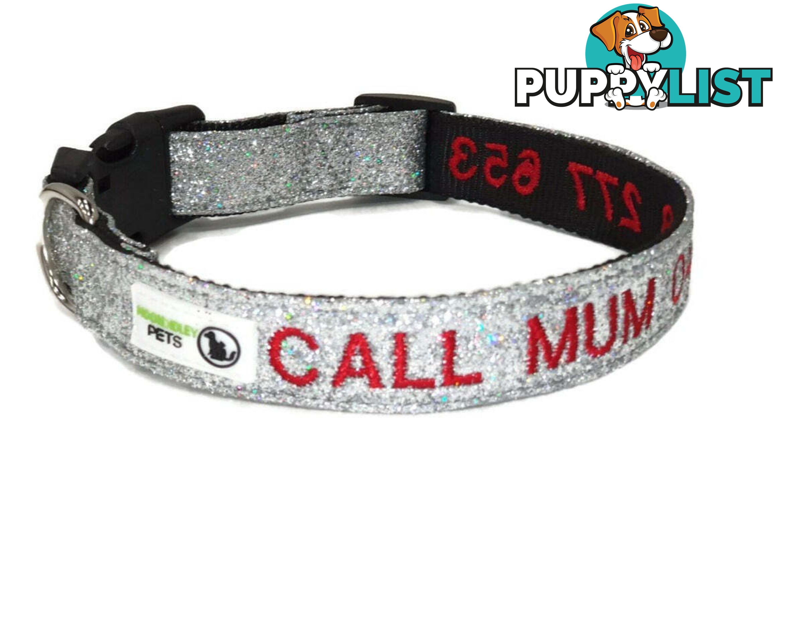 Doggie ID Collar - Bling Glitter Overlay Nylon Collar, Embroidered Personised Custom. - GC-DIC-BLING-L-TUR