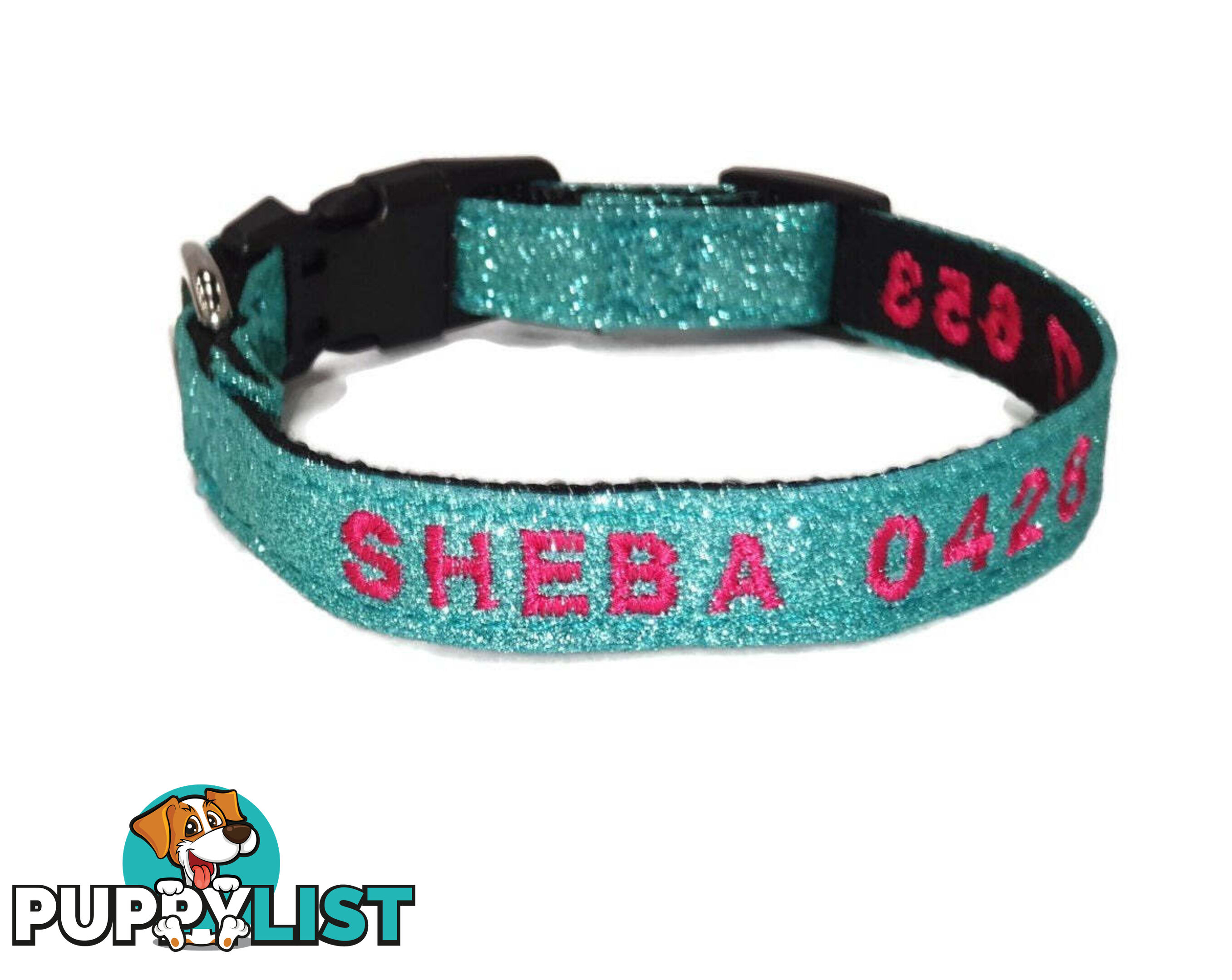 Doggie ID Collar - Bling Glitter Overlay Nylon Collar, Embroidered Personised Custom. - GC-DIC-BLING-L-TUR