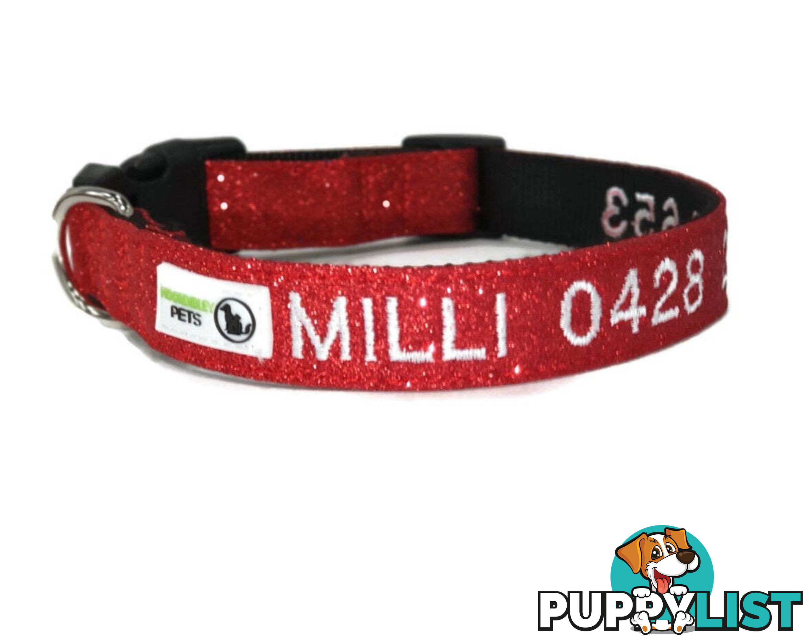 Doggie ID Collar - Bling Glitter Overlay Nylon Collar, Embroidered Personised Custom. - GC-DIC-BLING-L-TUR
