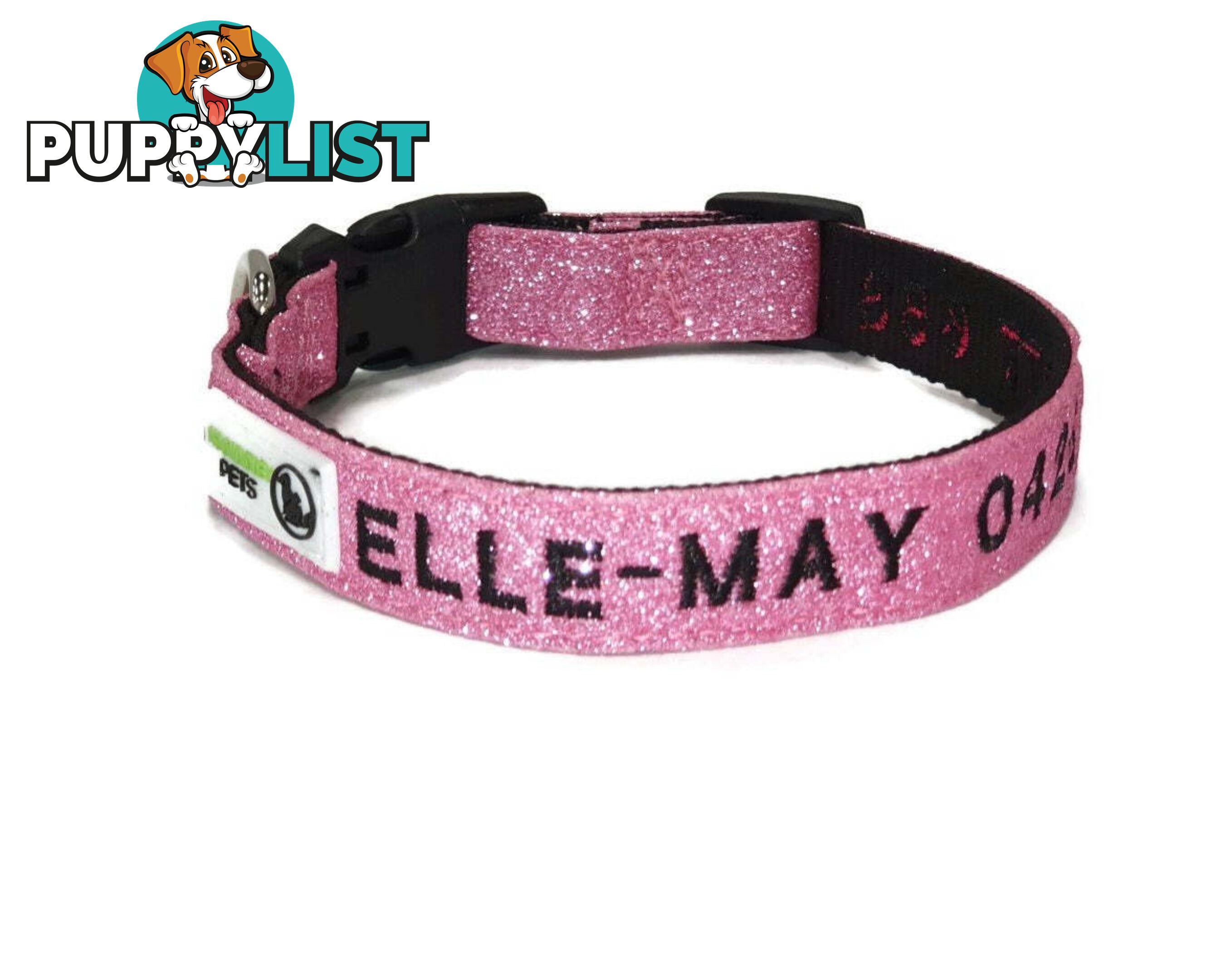 Doggie ID Collar - Bling Glitter Overlay Nylon Collar, Embroidered Personised Custom. - GC-DIC-BLING-L-TUR