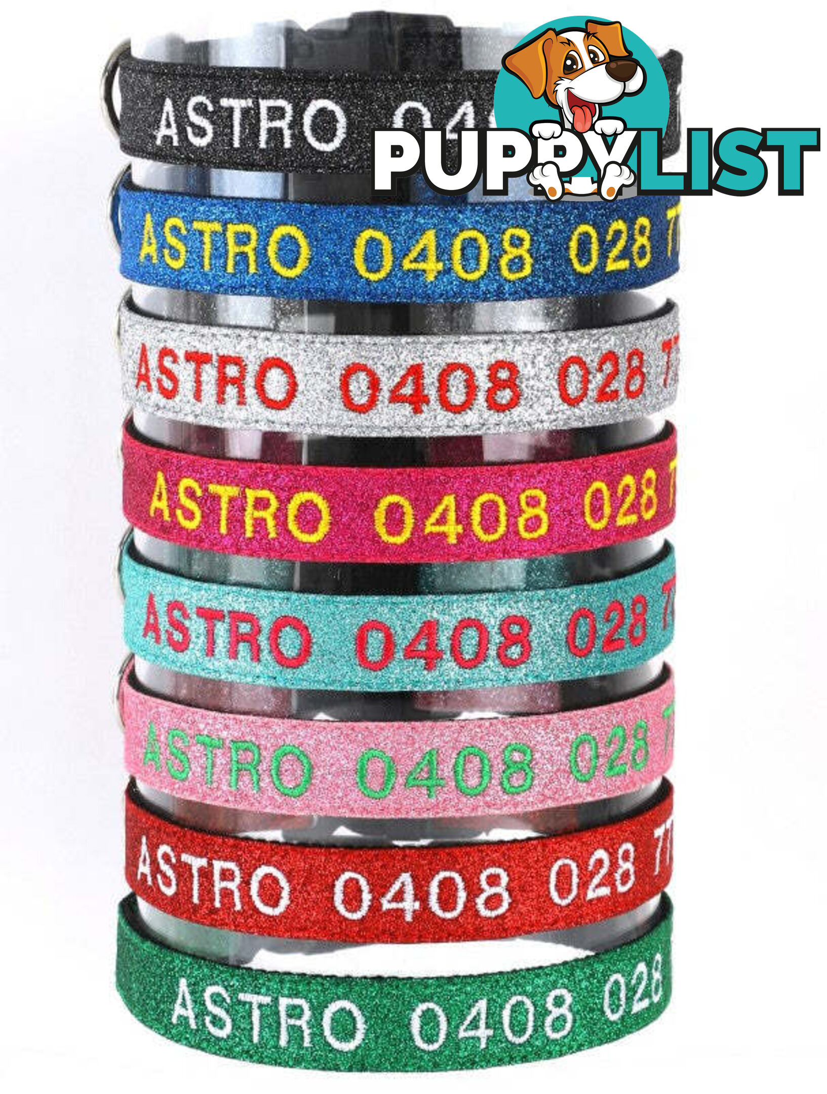 Doggie ID Collar - Bling Glitter Overlay Nylon Collar, Embroidered Personised Custom. - GC-DIC-BLING-L-TUR