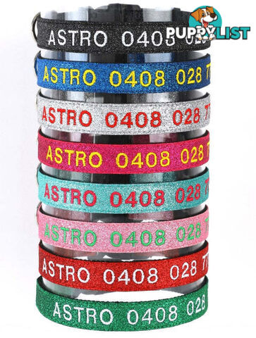 Doggie ID Collar - Bling Glitter Overlay Nylon Collar, Embroidered Personised Custom. - GC-DIC-BLING-L-TUR