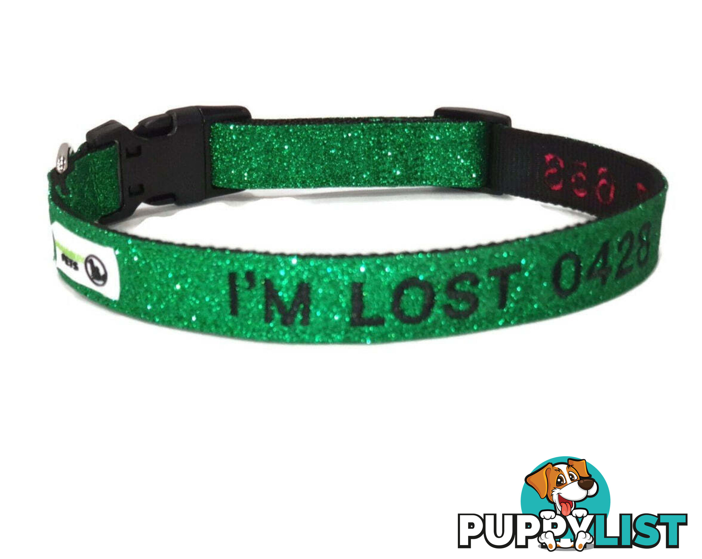 Doggie ID Collar - Bling Glitter Overlay Nylon Collar, Embroidered Personised Custom. - GC-DIC-BLING-L-TUR
