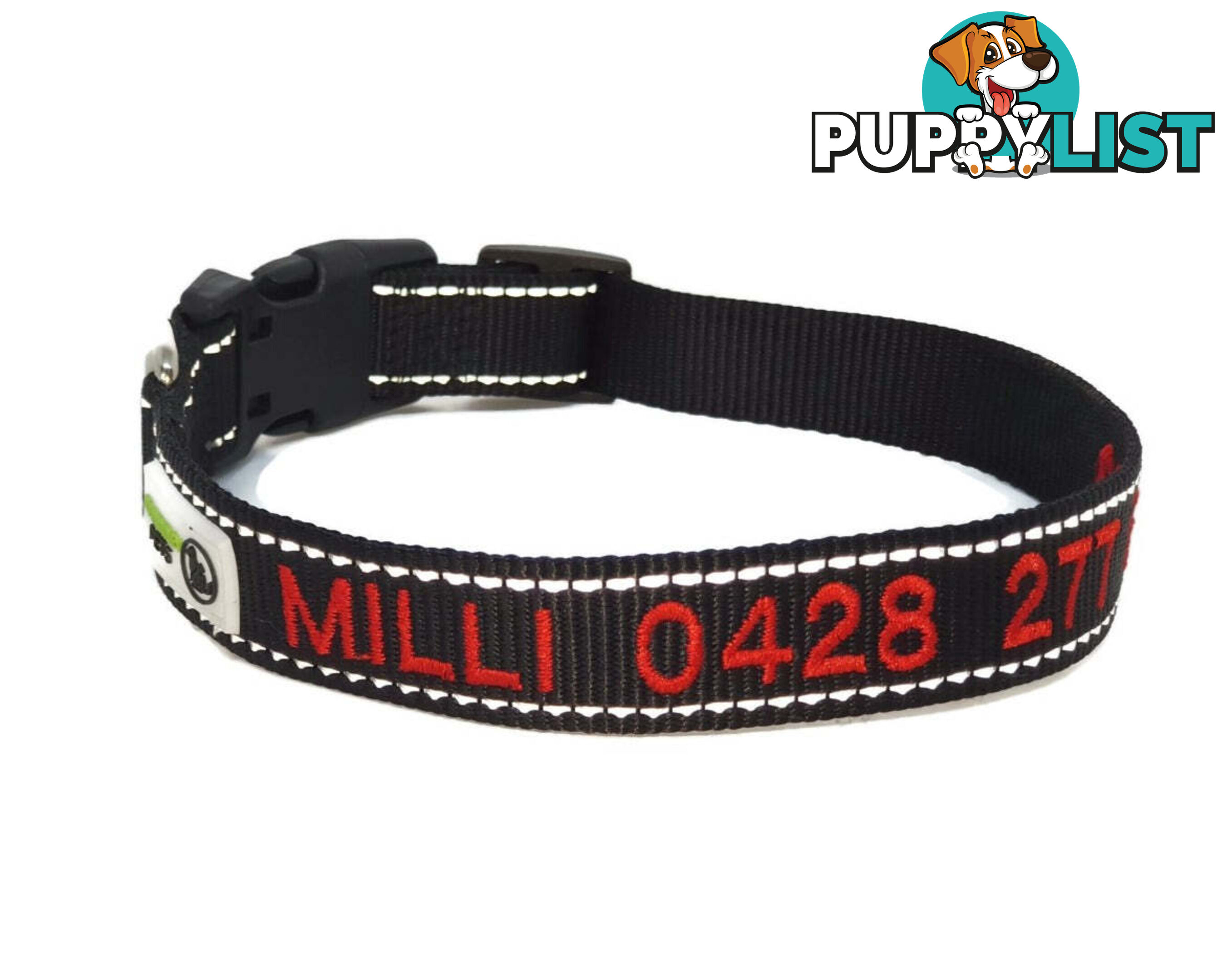 Doggie ID Collar Nylon w/Reflective Stitching Embroidered Personalised Custom. - GC-DIC-031-M-BLK