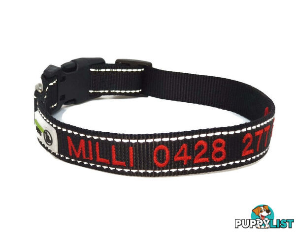 Doggie ID Collar Nylon w/Reflective Stitching Embroidered Personalised Custom. - GC-DIC-031-M-BLK