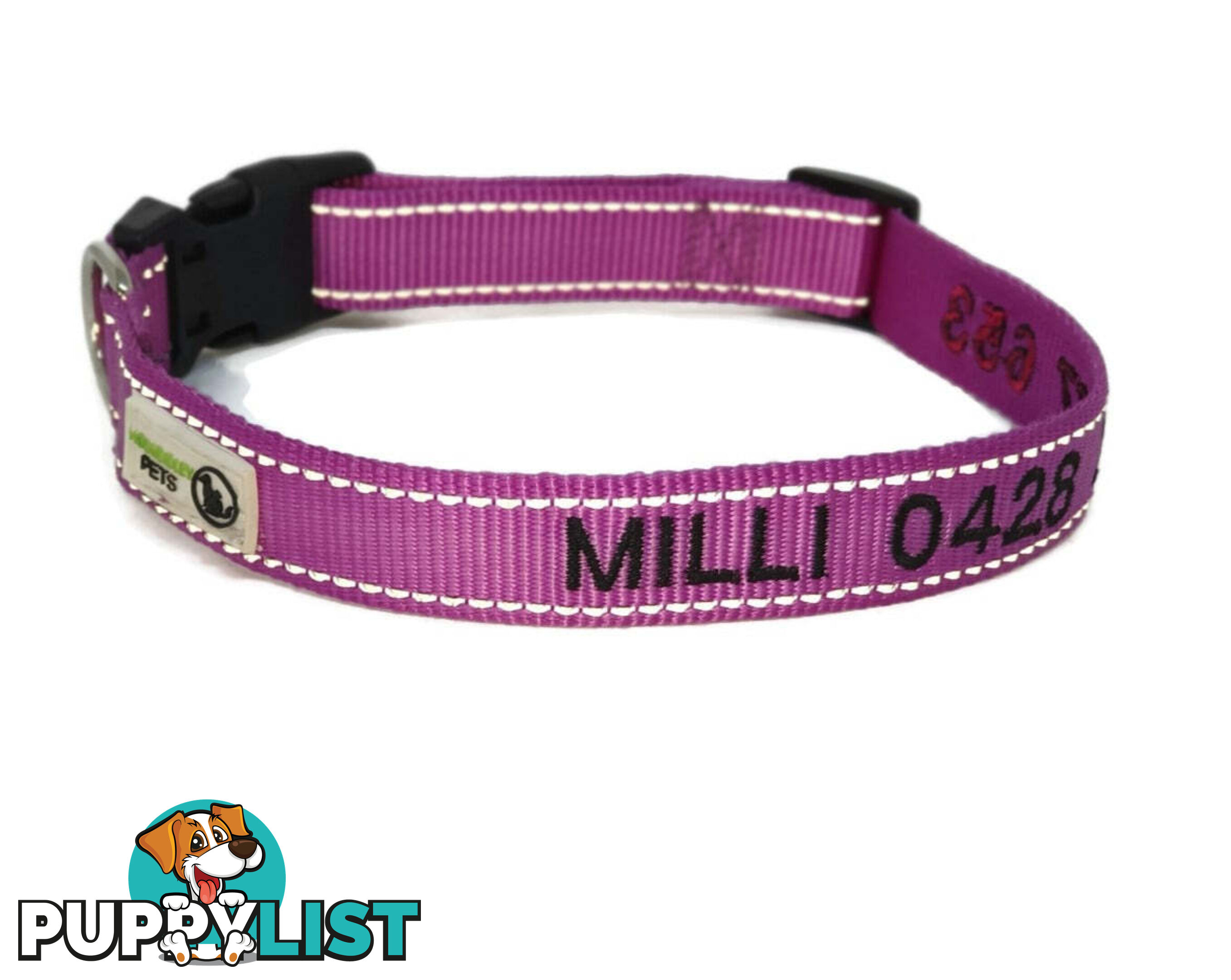 Doggie ID Collar Nylon w/Reflective Stitching Embroidered Personalised Custom. - GC-DIC-031-M-BLK