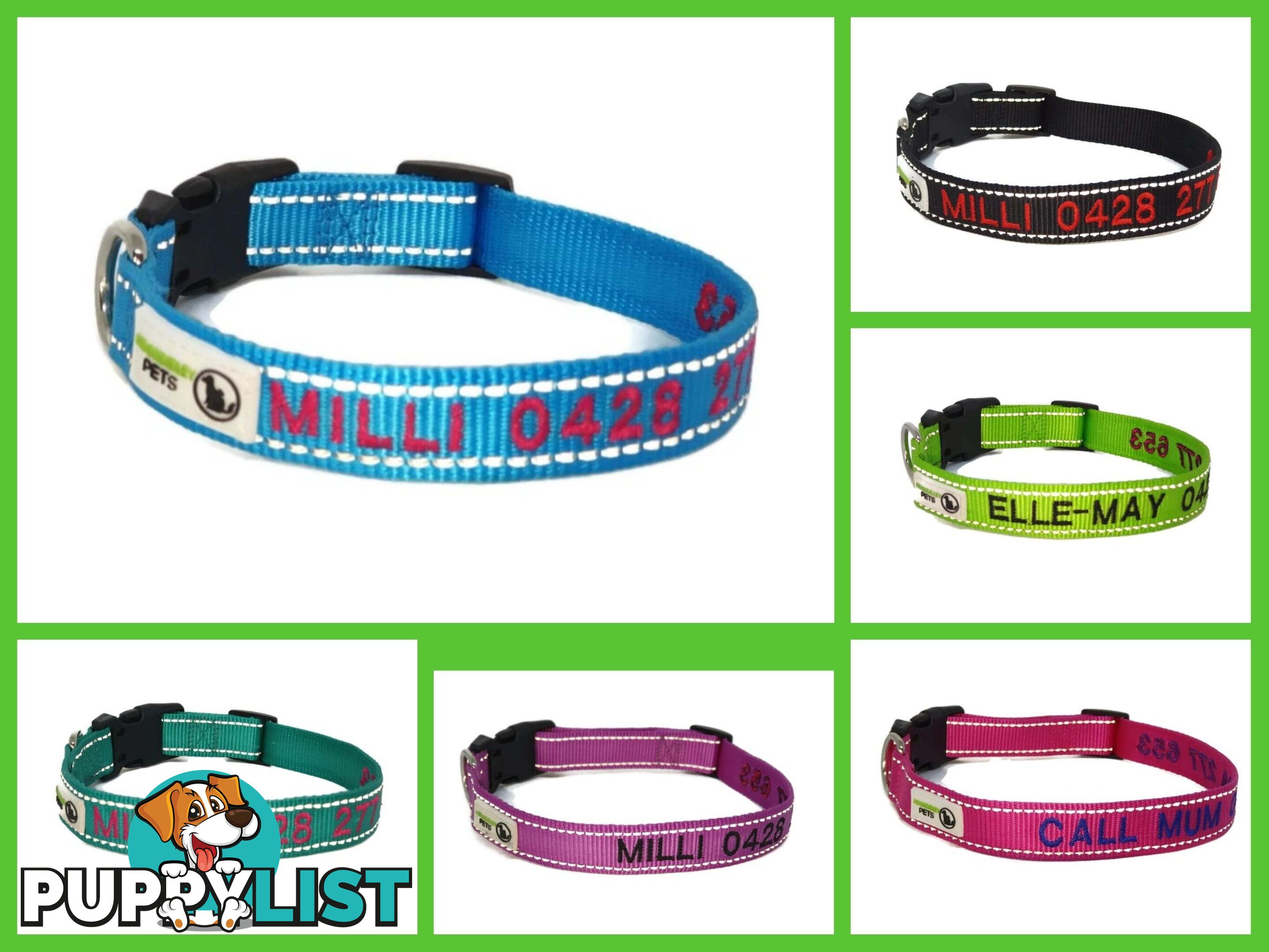 Doggie ID Collar Nylon w/Reflective Stitching Embroidered Personalised Custom. - GC-DIC-031-M-BLK