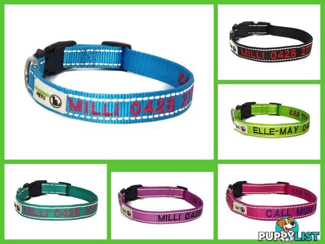 Doggie ID Collar Nylon w/Reflective Stitching Embroidered Personalised Custom. - GC-DIC-031-M-BLK