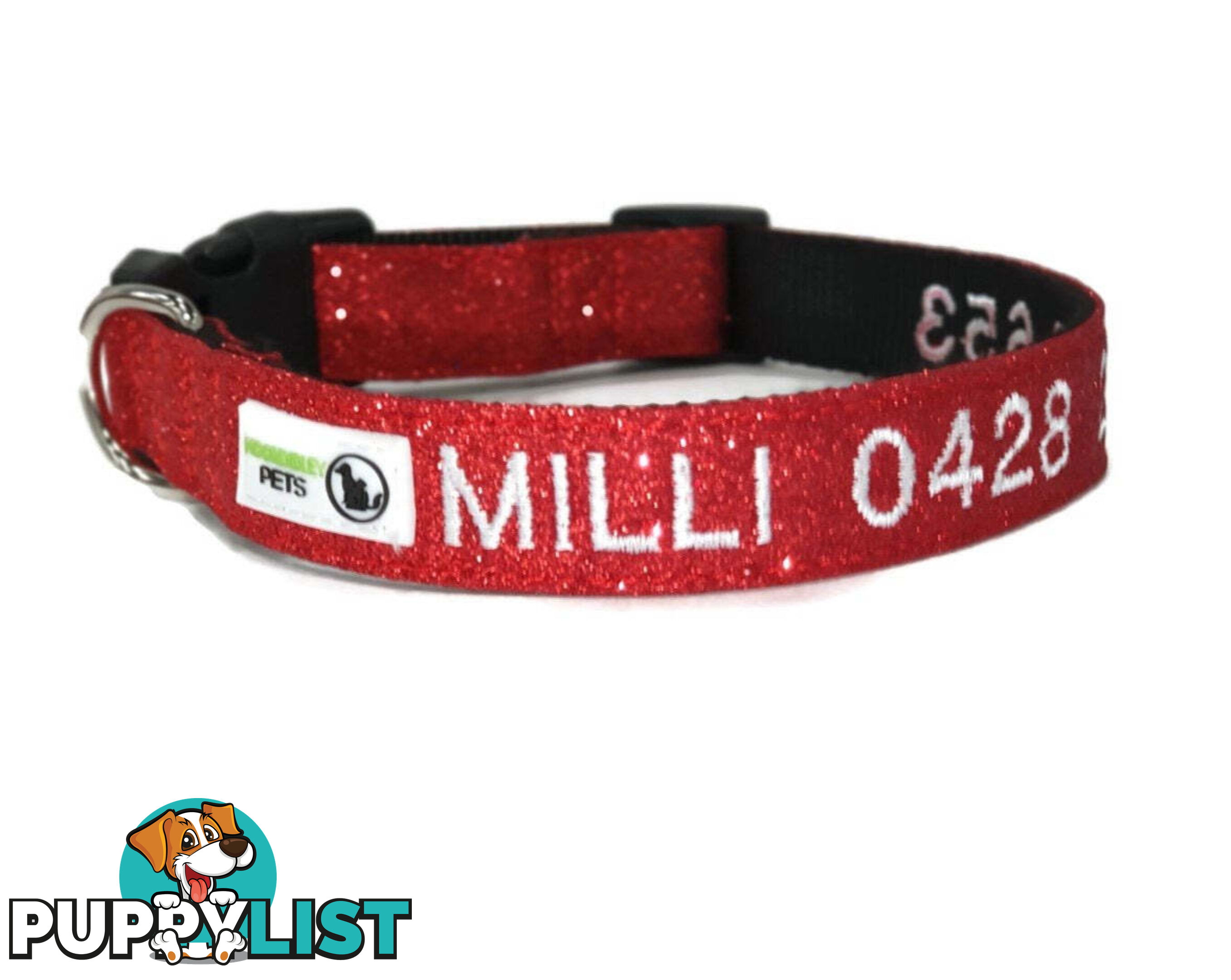 Doggie ID Collar - Bling Glitter Overlay Nylon Collar, Embroidered Personised Custom. - GC-DIC-BLING-M-TUR