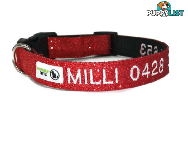 Doggie ID Collar - Bling Glitter Overlay Nylon Collar, Embroidered Personised Custom. - GC-DIC-BLING-M-TUR