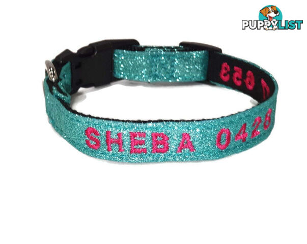 Doggie ID Collar - Bling Glitter Overlay Nylon Collar, Embroidered Personised Custom. - GC-DIC-BLING-M-TUR