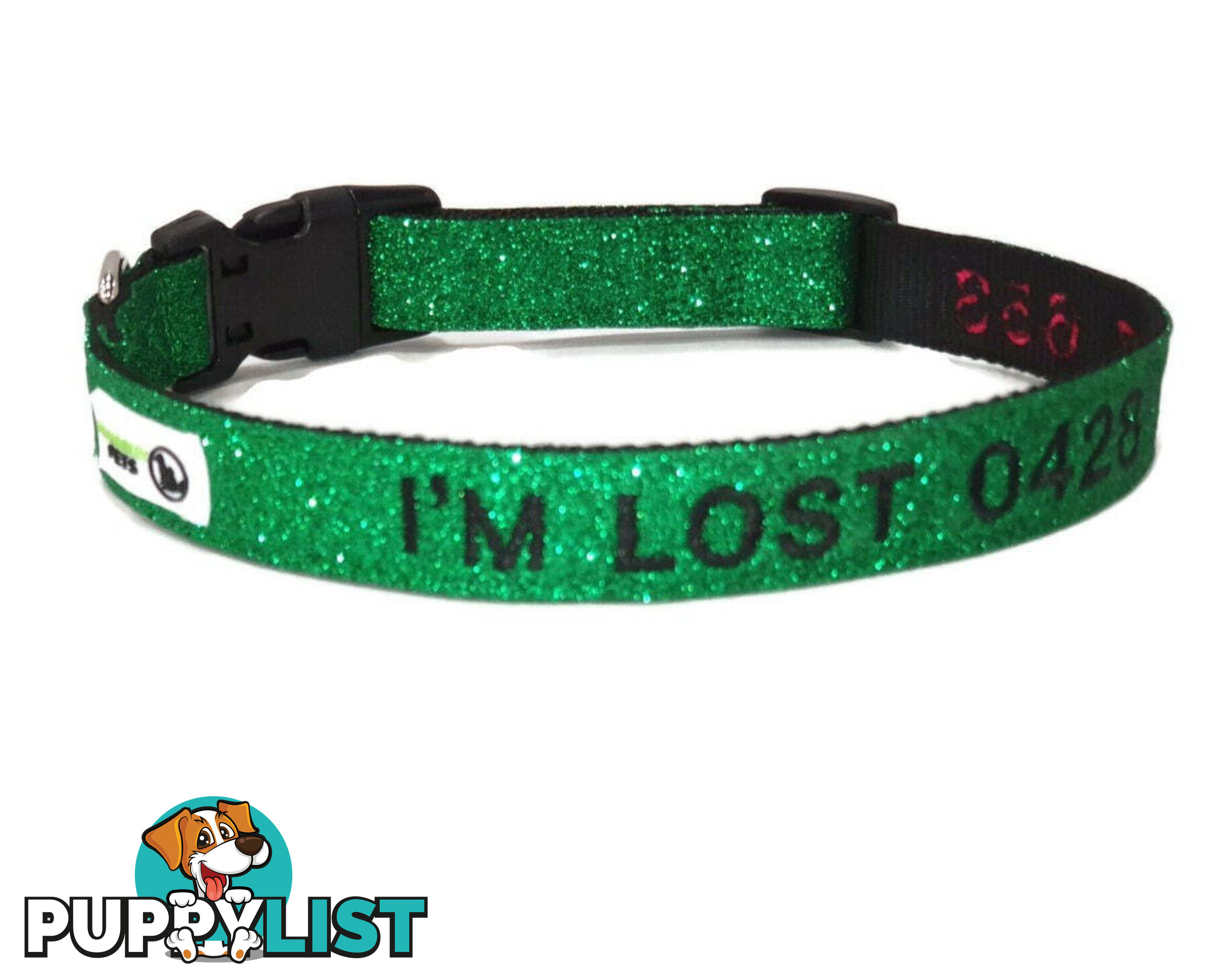 Doggie ID Collar - Bling Glitter Overlay Nylon Collar, Embroidered Personised Custom. - GC-DIC-BLING-M-TUR