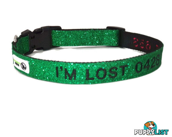 Doggie ID Collar - Bling Glitter Overlay Nylon Collar, Embroidered Personised Custom. - GC-DIC-BLING-M-TUR