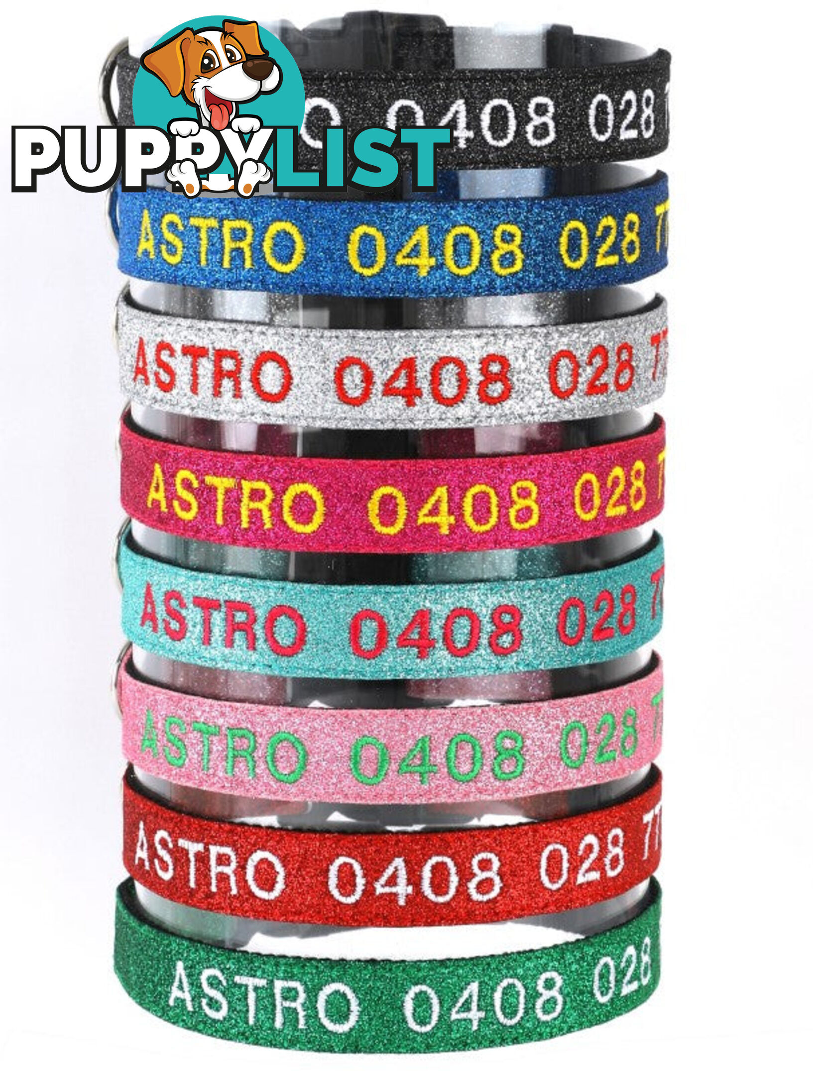 Doggie ID Collar - Bling Glitter Overlay Nylon Collar, Embroidered Personised Custom. - GC-DIC-BLING-M-TUR