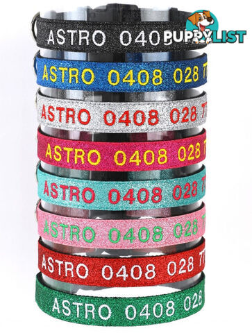 Doggie ID Collar - Bling Glitter Overlay Nylon Collar, Embroidered Personised Custom. - GC-DIC-BLING-M-TUR