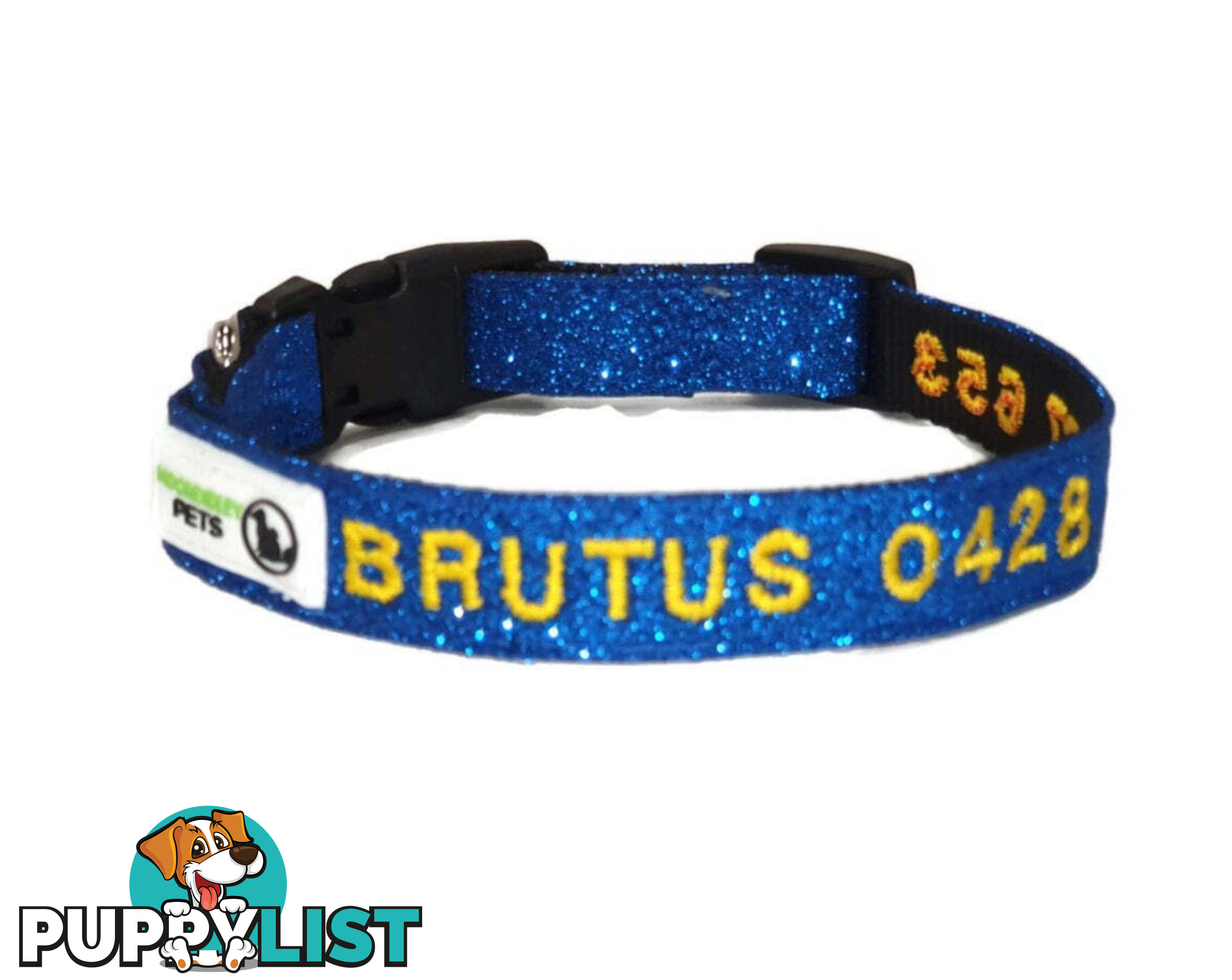 Doggie ID Collar - Bling Glitter Overlay Nylon Collar, Embroidered Personised Custom. - GC-DIC-BLING-M-TUR