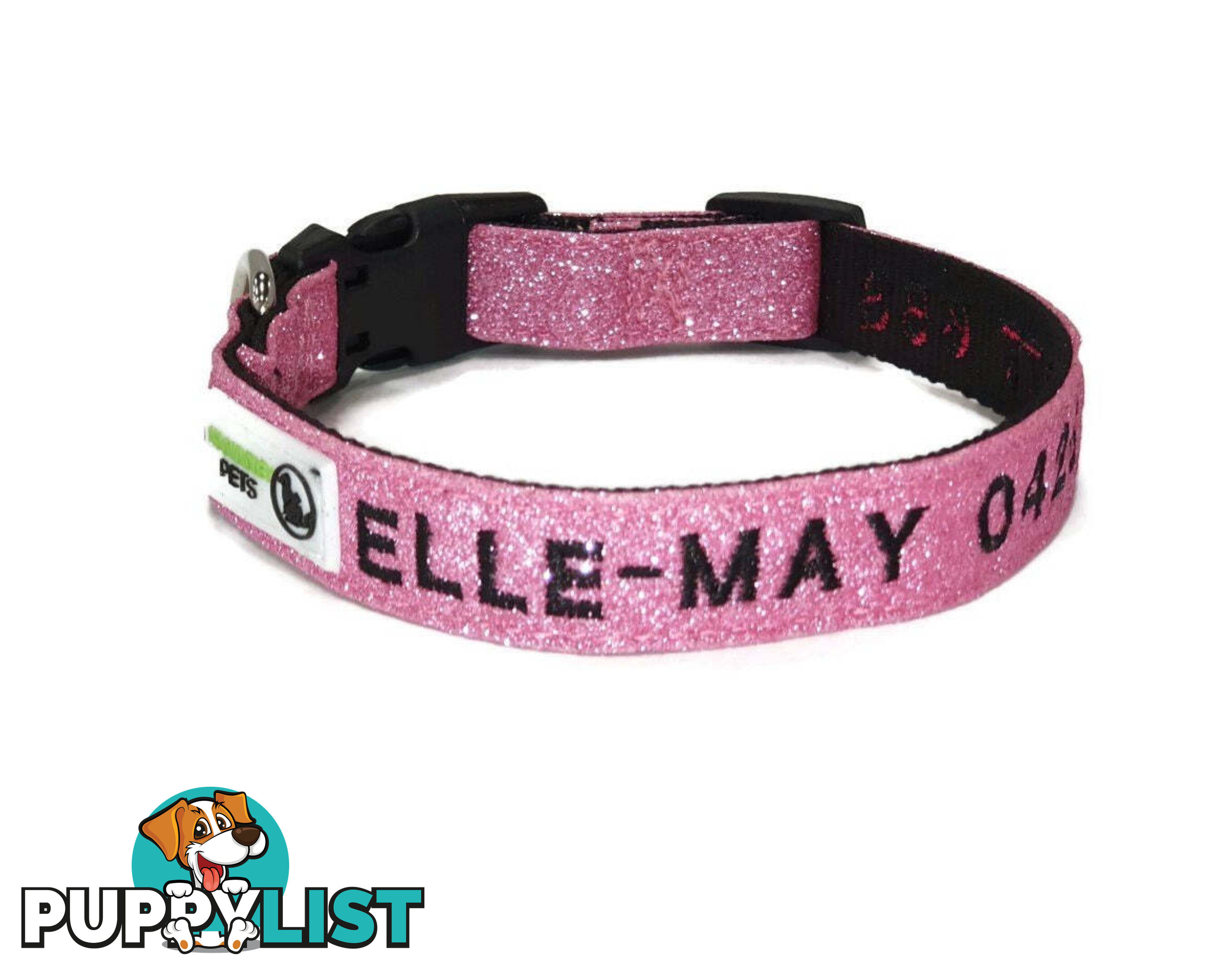 Doggie ID Collar - Bling Glitter Overlay Nylon Collar, Embroidered Personised Custom. - GC-DIC-BLING-M-TUR
