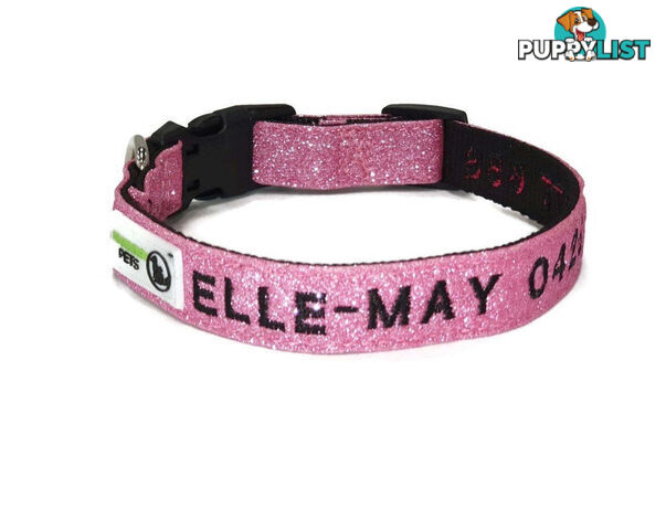Doggie ID Collar - Bling Glitter Overlay Nylon Collar, Embroidered Personised Custom. - GC-DIC-BLING-M-TUR