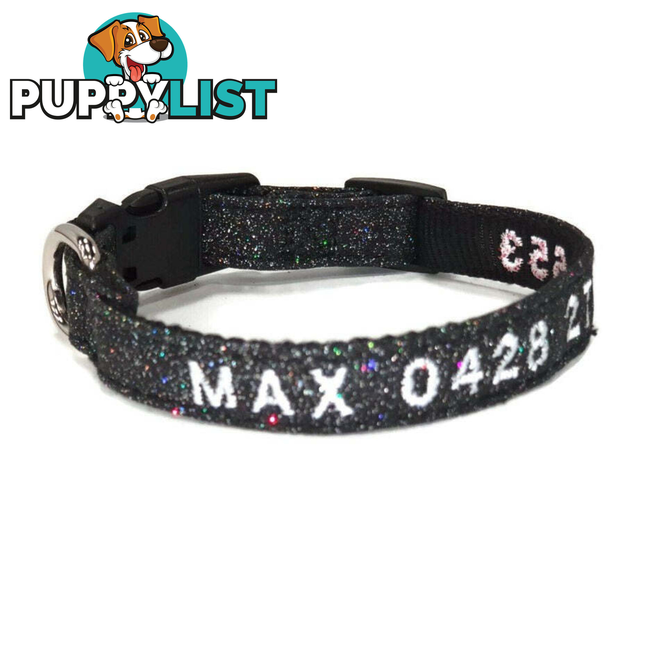 Doggie ID Collar - Bling Glitter Overlay Nylon Collar, Embroidered Personised Custom. - GC-DIC-BLING-M-TUR