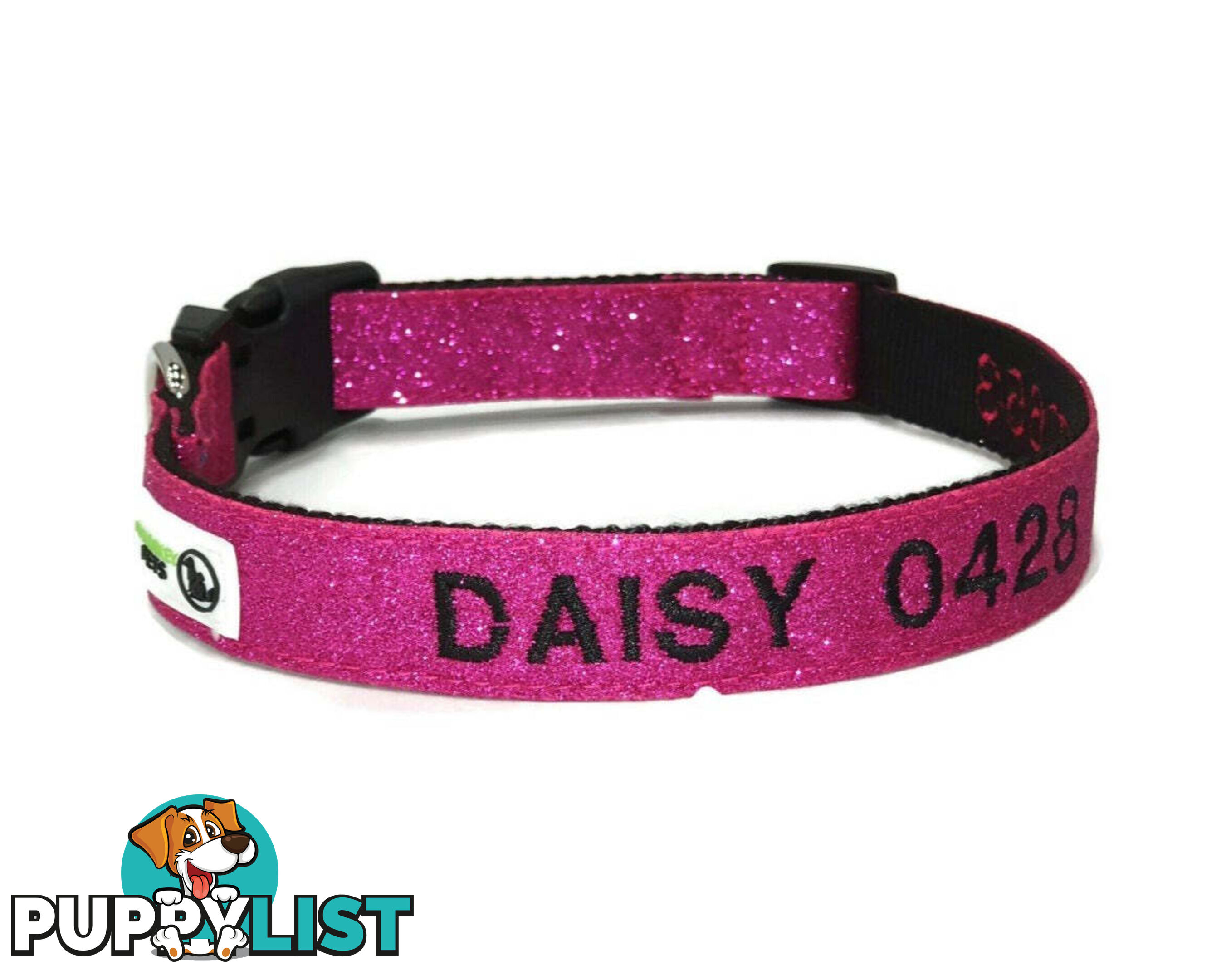 Doggie ID Collar - Bling Glitter Overlay Nylon Collar, Embroidered Personised Custom. - GC-DIC-BLING-M-TUR