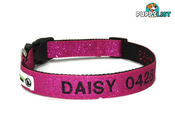 Doggie ID Collar - Bling Glitter Overlay Nylon Collar, Embroidered Personised Custom. - GC-DIC-BLING-M-TUR