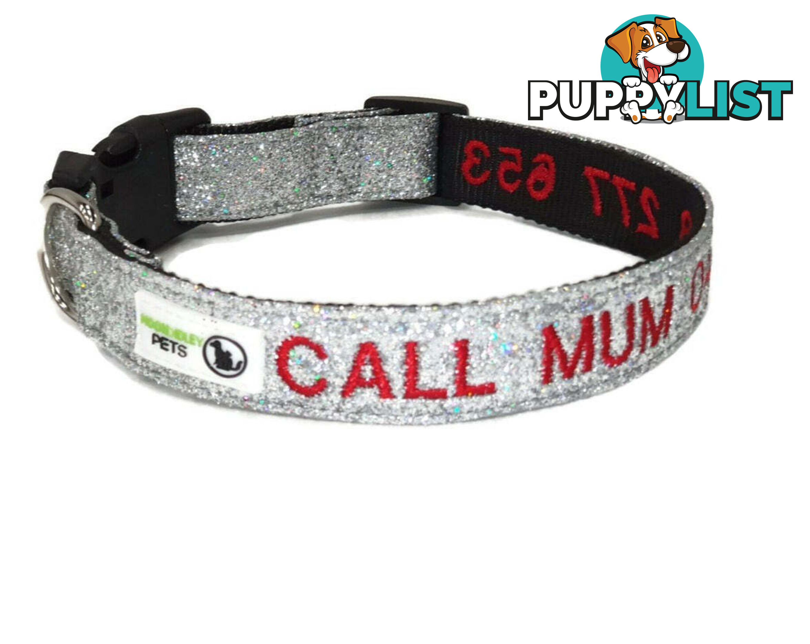 Doggie ID Collar - Bling Glitter Overlay Nylon Collar, Embroidered Personised Custom. - GC-DIC-BLING-M-TUR