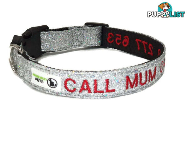 Doggie ID Collar - Bling Glitter Overlay Nylon Collar, Embroidered Personised Custom. - GC-DIC-BLING-M-TUR