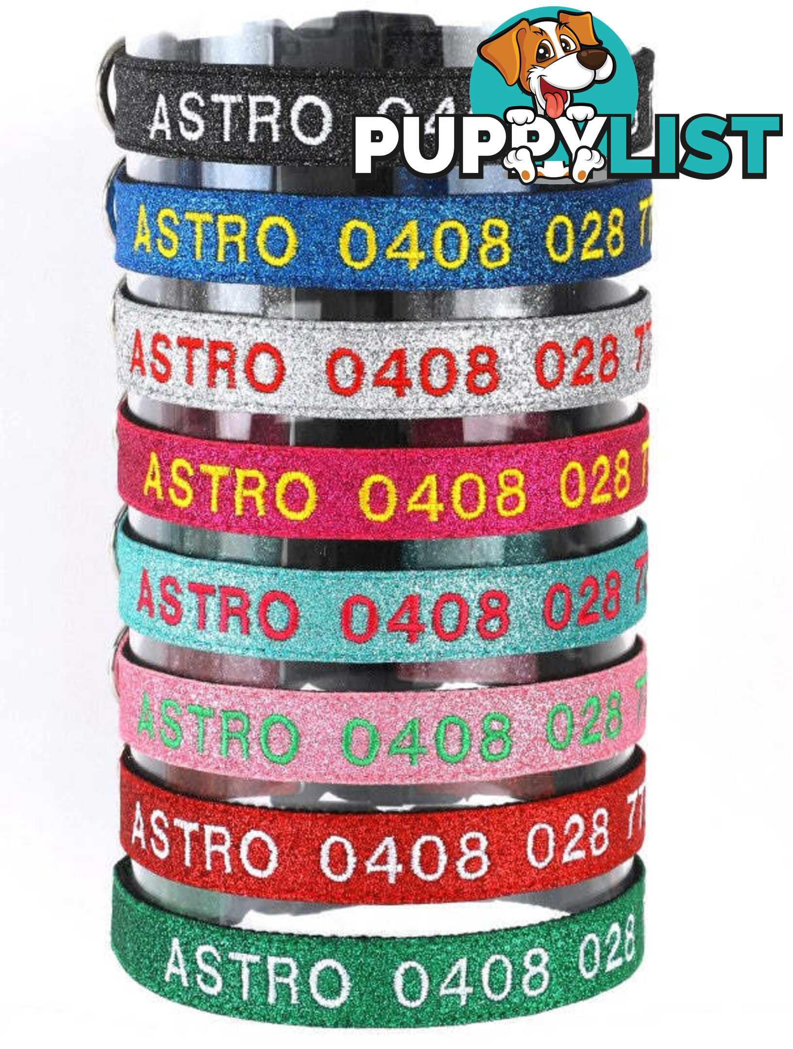 Doggie ID Collar - Bling Glitter Overlay Nylon Collar, Embroidered Personised Custom. - GC-DIC-BLING-M-TUR