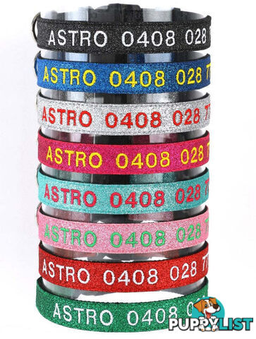 Doggie ID Collar - Bling Glitter Overlay Nylon Collar, Embroidered Personised Custom. - GC-DIC-BLING-M-TUR