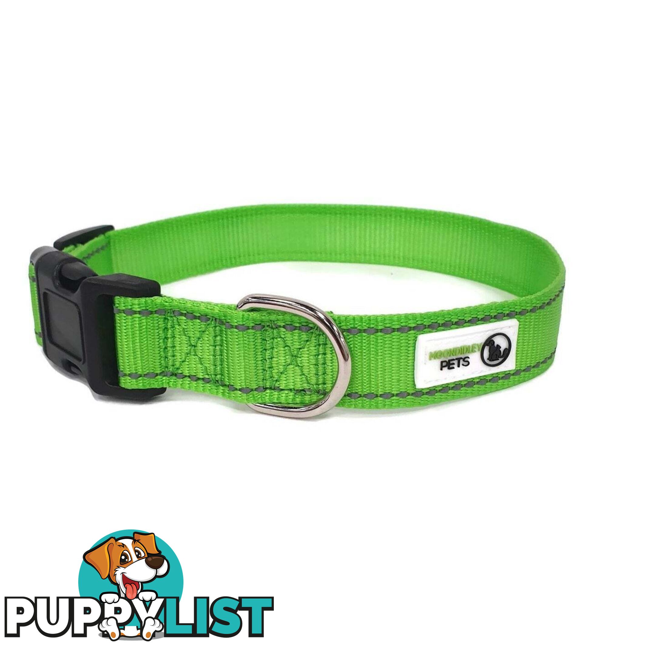 Nylon w/Reflective Stitching Dog Collar - Moondidley Pets - MDPCOLREFSGRN