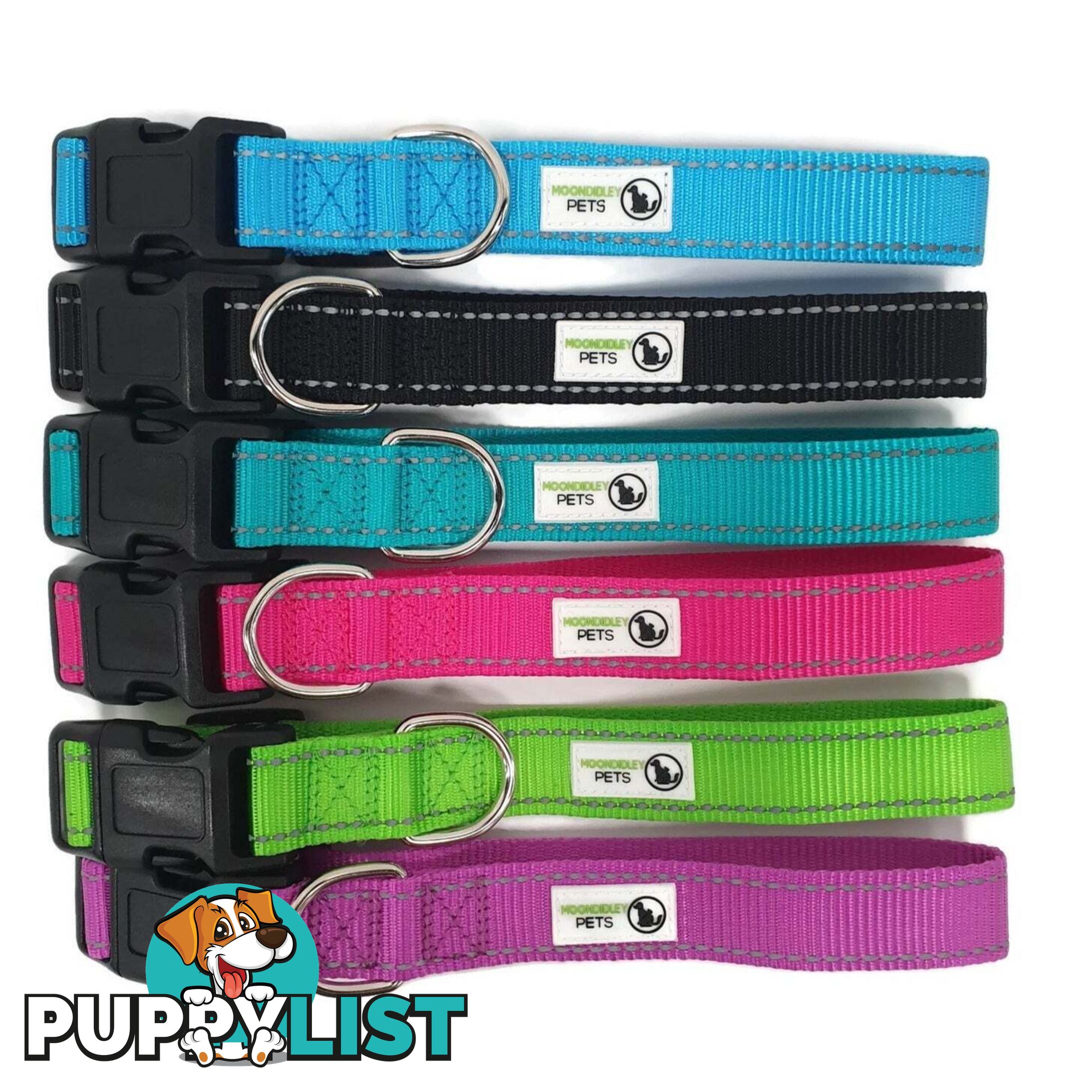 Nylon w/Reflective Stitching Dog Collar - Moondidley Pets - MDPCOLREFSGRN