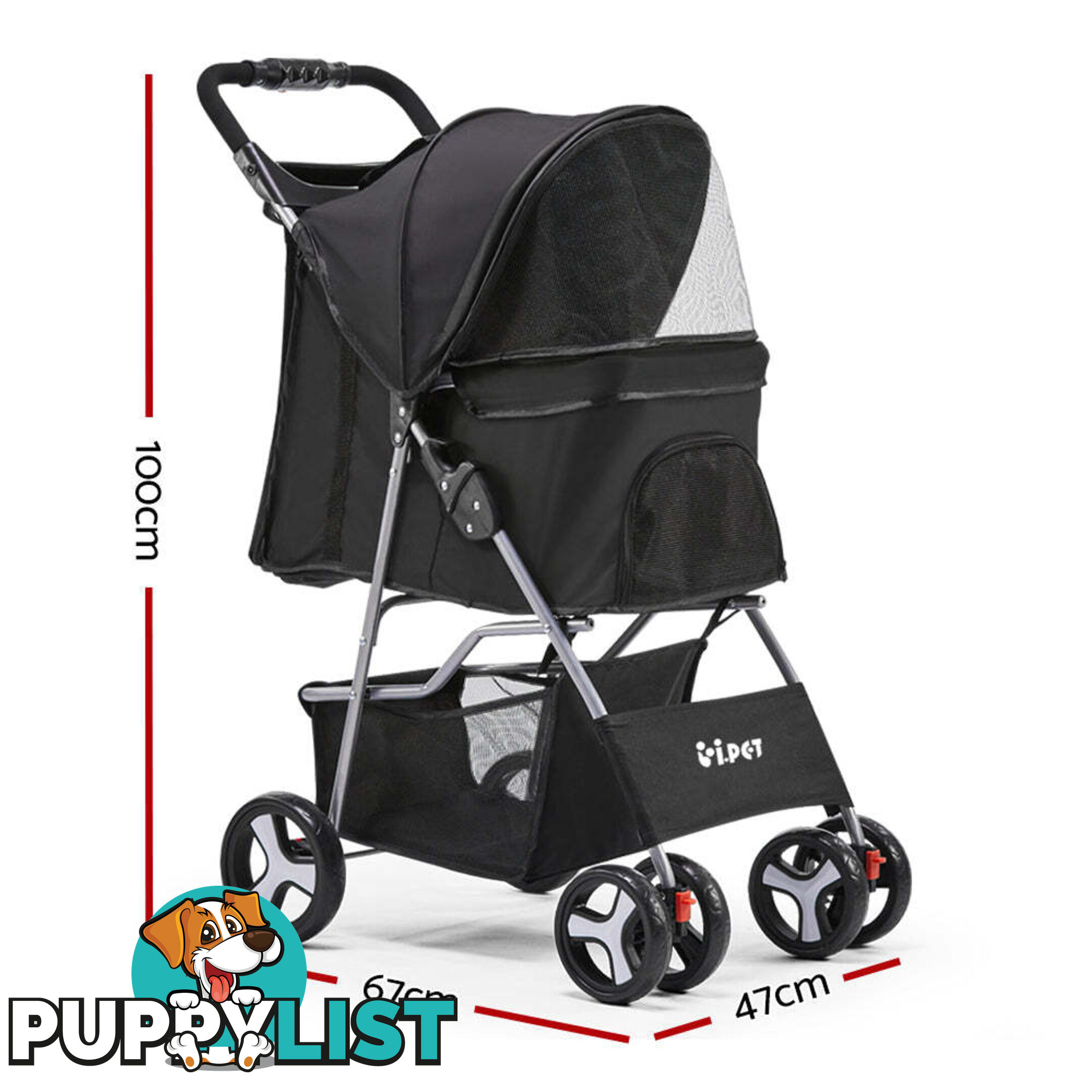 i.Pet 4 Wheel Pet Stroller - Black - PET-STROLLER-4WL-BK