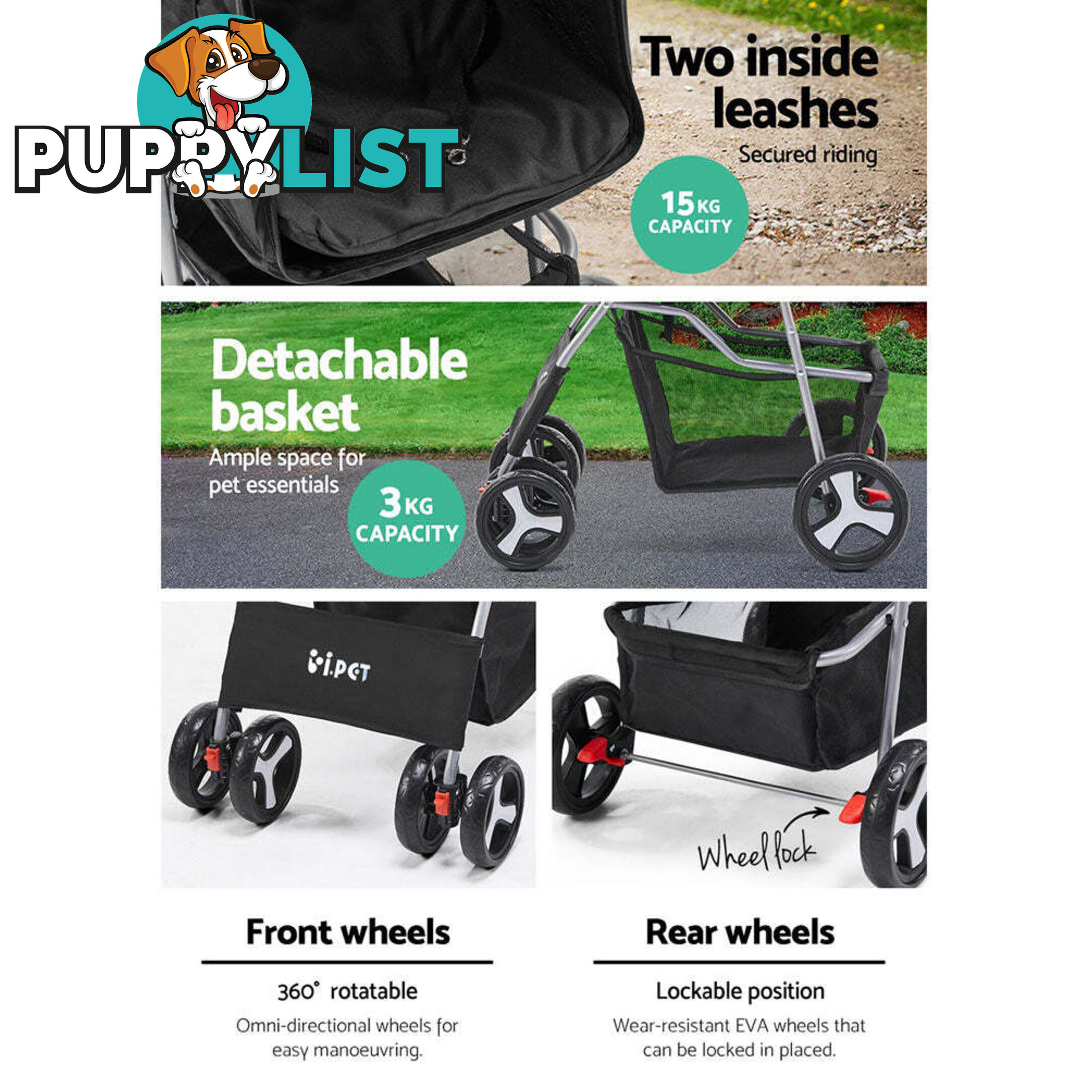 i.Pet 4 Wheel Pet Stroller - Black - PET-STROLLER-4WL-BK