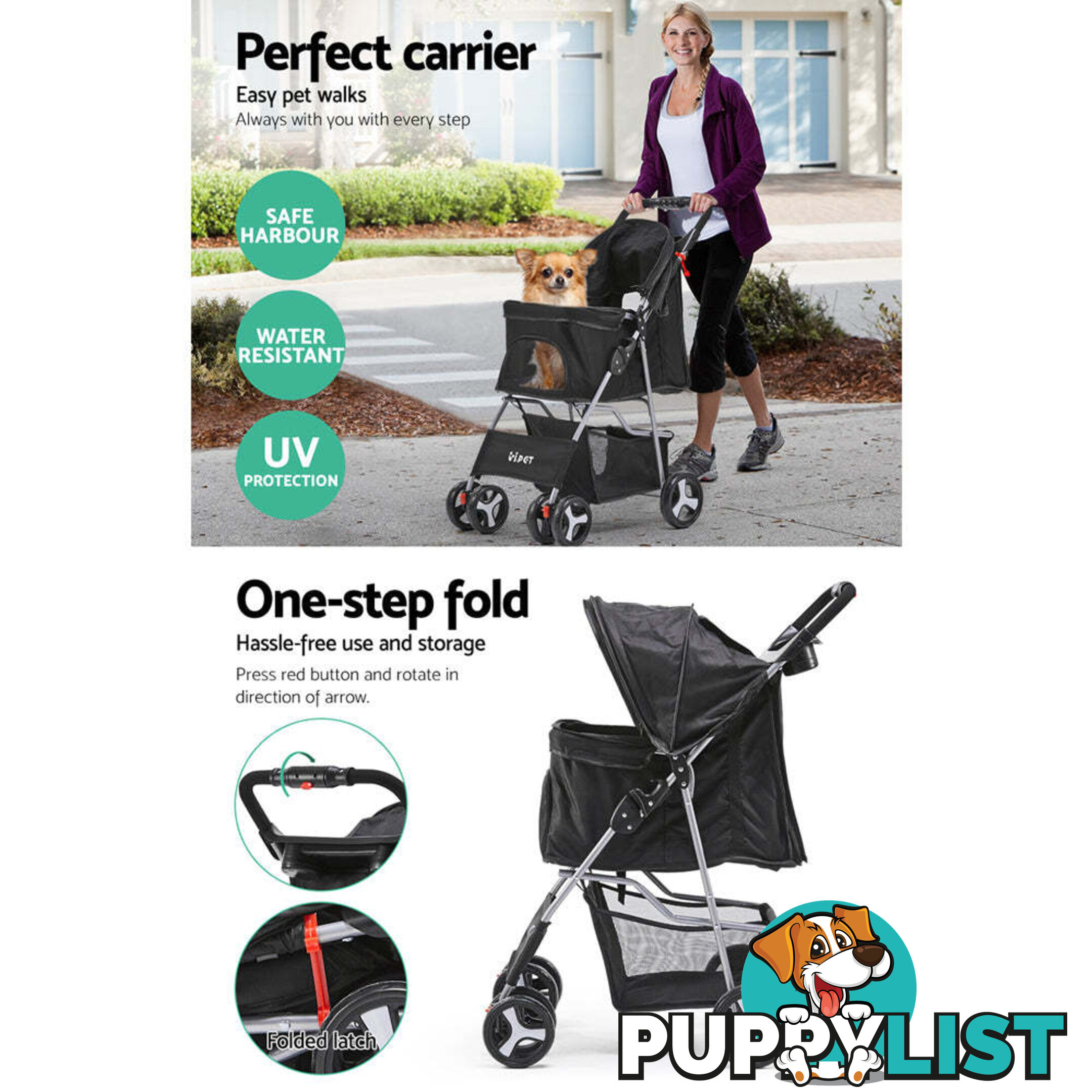 i.Pet 4 Wheel Pet Stroller - Black - PET-STROLLER-4WL-BK