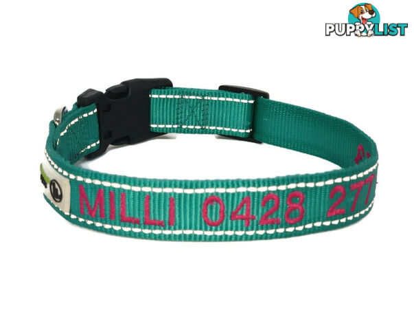 Doggie ID Collar Nylon w/Reflective Stitching Embroidered Personalised Custom. - GC-DIC-031-L-LBLU