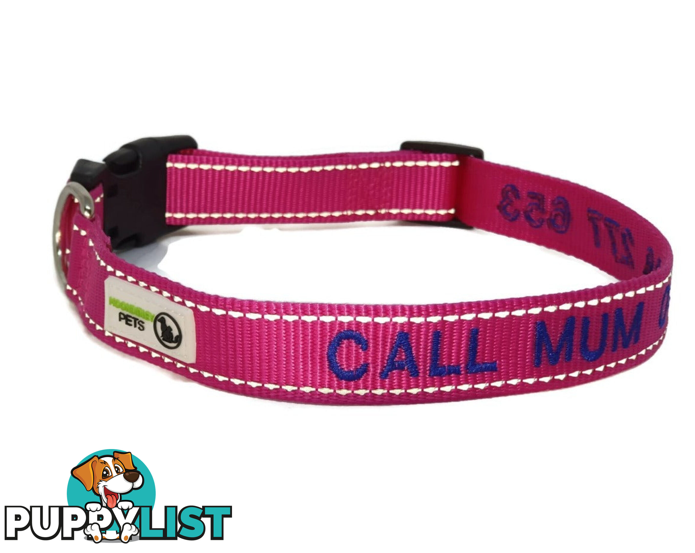 Doggie ID Collar Nylon w/Reflective Stitching Embroidered Personalised Custom. - GC-DIC-031-L-LBLU