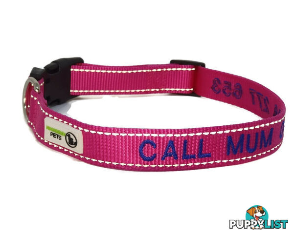 Doggie ID Collar Nylon w/Reflective Stitching Embroidered Personalised Custom. - GC-DIC-031-L-LBLU