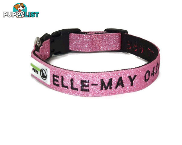 Doggie ID Collar - Bling Glitter Overlay Nylon Collar, Embroidered Personised Custom. - GC-DIC-BLING-M-SLV