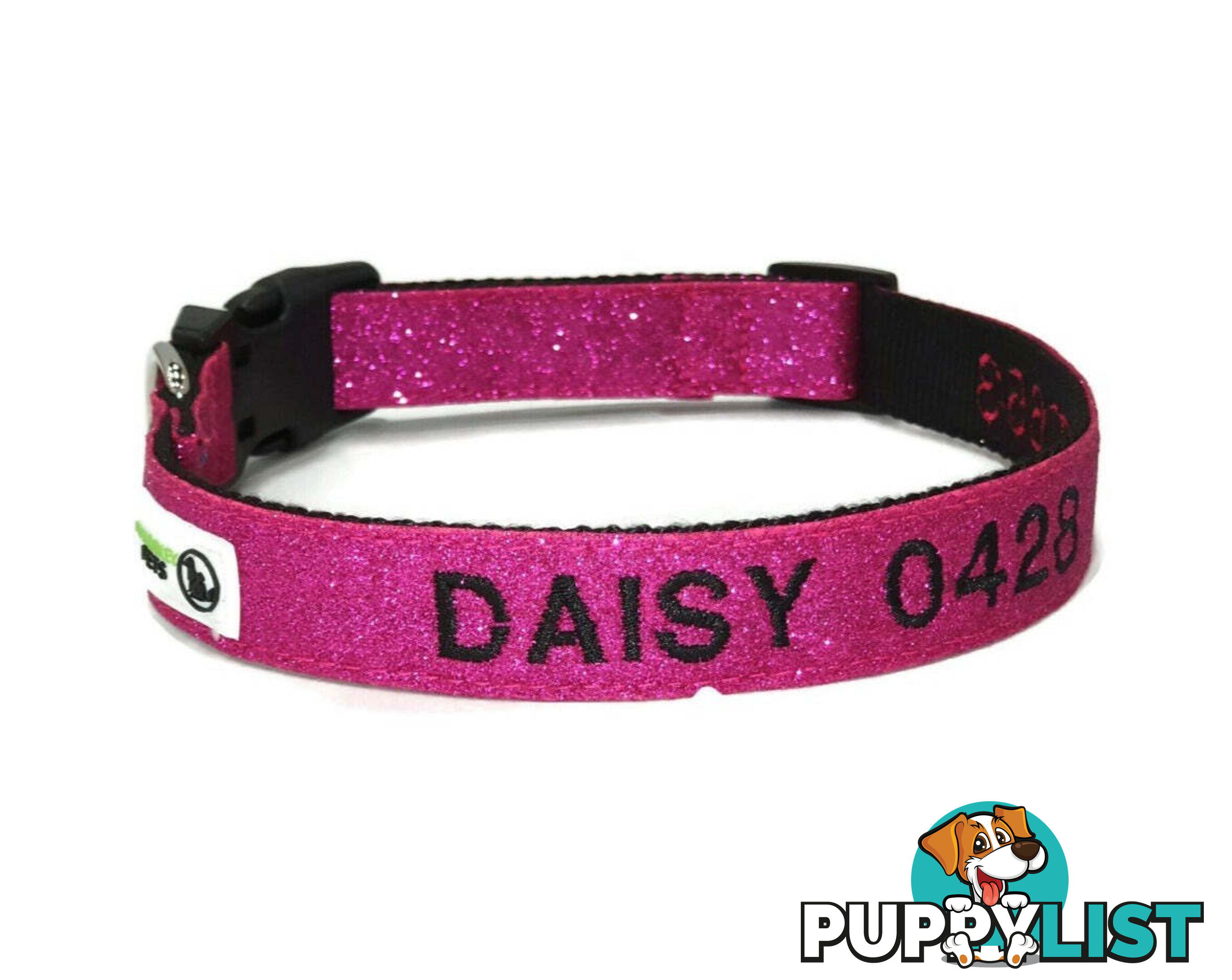 Doggie ID Collar - Bling Glitter Overlay Nylon Collar, Embroidered Personised Custom. - GC-DIC-BLING-M-SLV