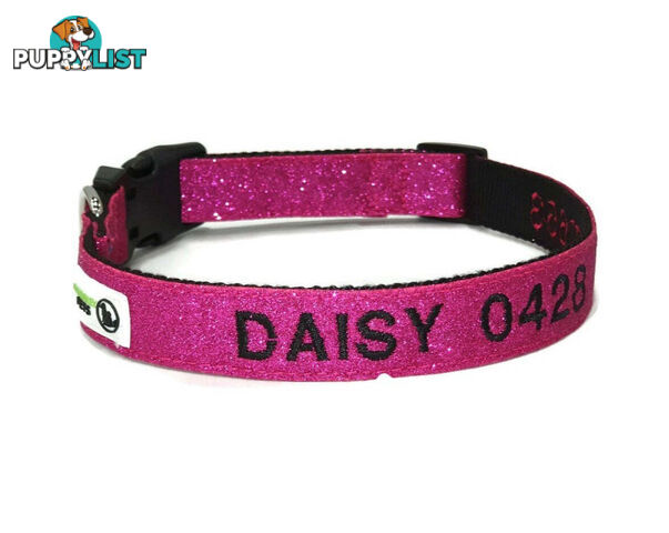 Doggie ID Collar - Bling Glitter Overlay Nylon Collar, Embroidered Personised Custom. - GC-DIC-BLING-M-SLV