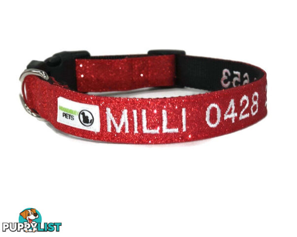 Doggie ID Collar - Bling Glitter Overlay Nylon Collar, Embroidered Personised Custom. - GC-DIC-BLING-M-SLV