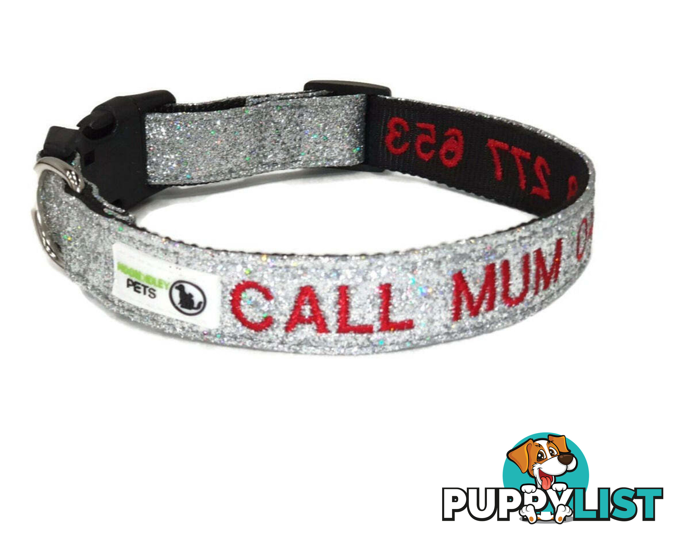 Doggie ID Collar - Bling Glitter Overlay Nylon Collar, Embroidered Personised Custom. - GC-DIC-BLING-M-SLV