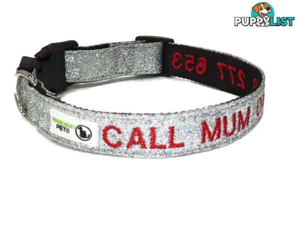 Doggie ID Collar - Bling Glitter Overlay Nylon Collar, Embroidered Personised Custom. - GC-DIC-BLING-M-SLV