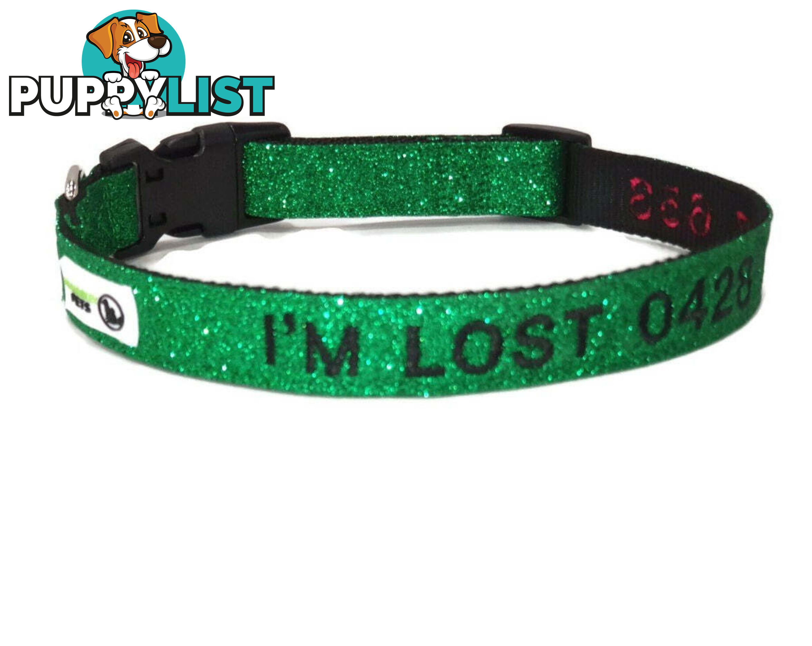 Doggie ID Collar - Bling Glitter Overlay Nylon Collar, Embroidered Personised Custom. - GC-DIC-BLING-M-SLV